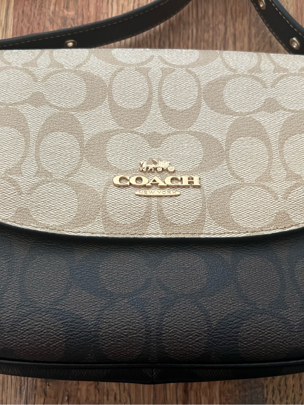 Coach Macie Two-Tone Signature Saddle Shoulder Bag in Khaki Tan Brown and Black